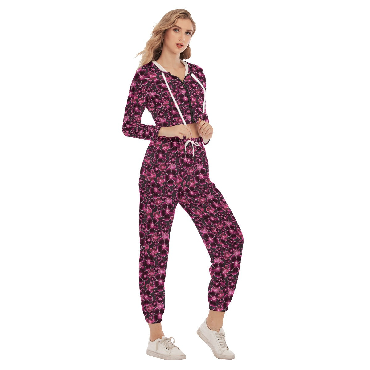 Pink Flowers Women's Crop Hoodie Sports Sets