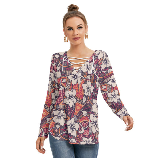 Tropical Hibiscus Flower With Tapa Tribal Designs Women's Long Sleeve Neckline Tie Sweatshirt