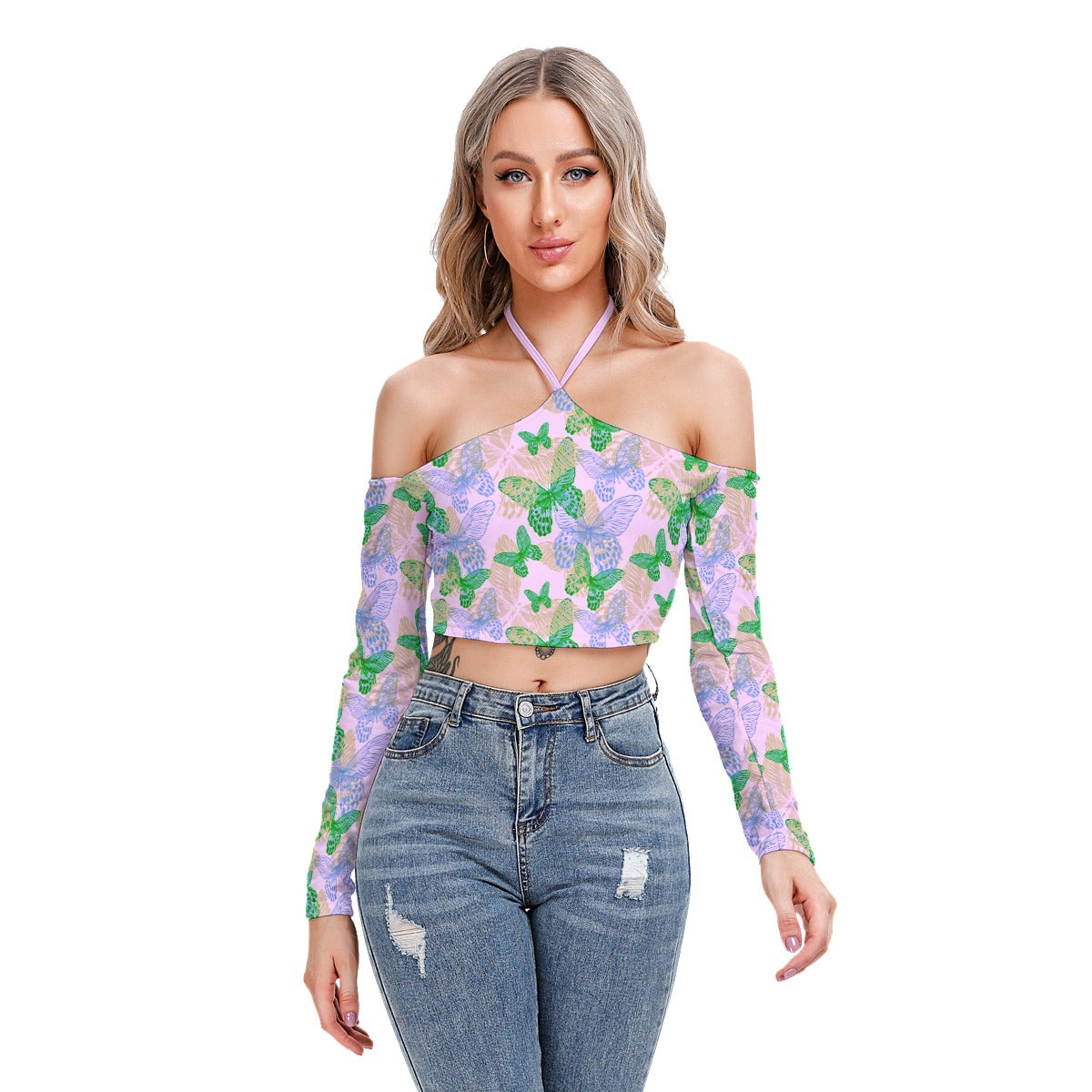 Colorful Butterflies Women's Halter Lace-up Top