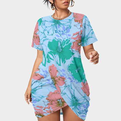 Women’s Tropical Summer Stacked Hem Dress With Short Sleeve（Plus Size)