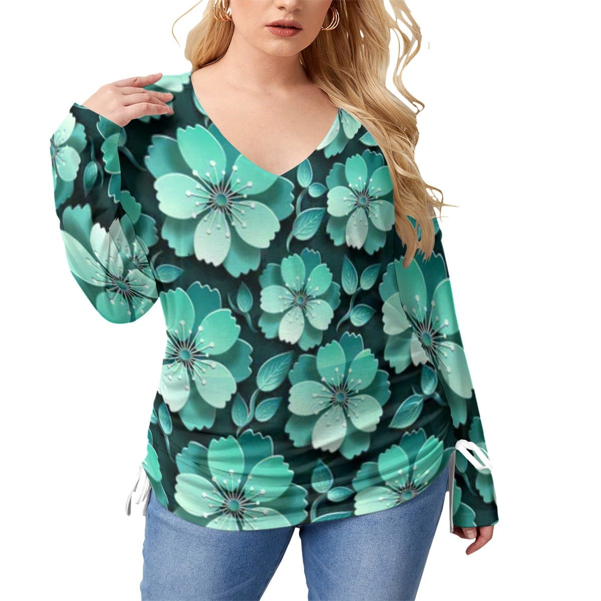 Black With Teal Cherry Blossoms Women’s V-neck T-shirt With Side Drawstring(Plus Size)