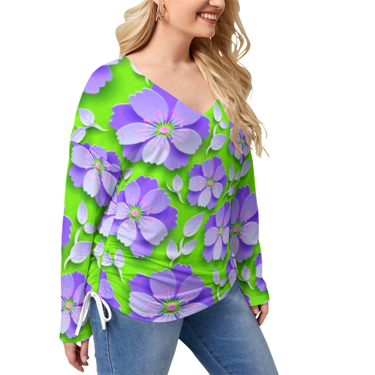 Green With Purple Cherry Blossoms Women’s V-neck T-shirt With Side Drawstring(Plus Size)