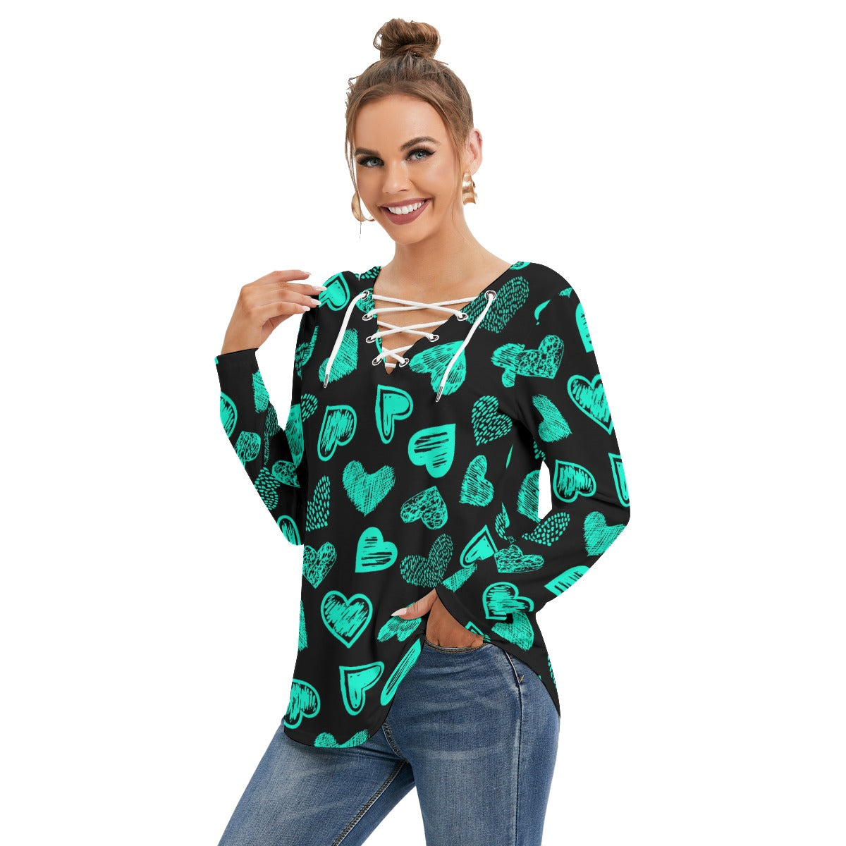 Black With Teal Doodle Hearts Women's Long Sleeve Neckline Tie Sweatshirt