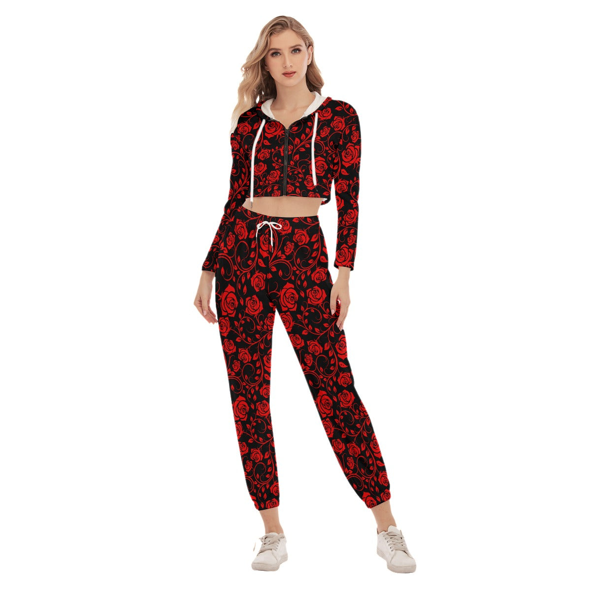 Black & Red Roses Women's Crop Hoodie Sports Sets