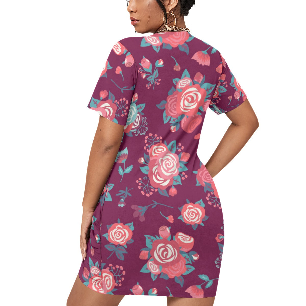 Cute Roses Women’s Stacked Hem Dress With Short Sleeve （Plus Size）