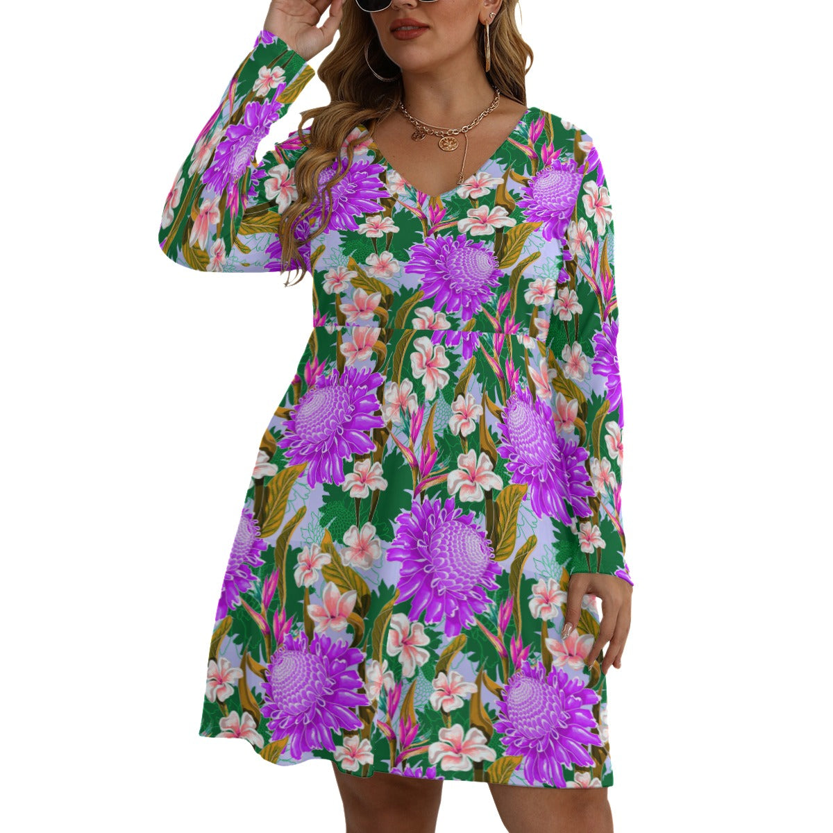 Women's Tropic Vibes V-neck Long Sleeve Dress (Plus Size)