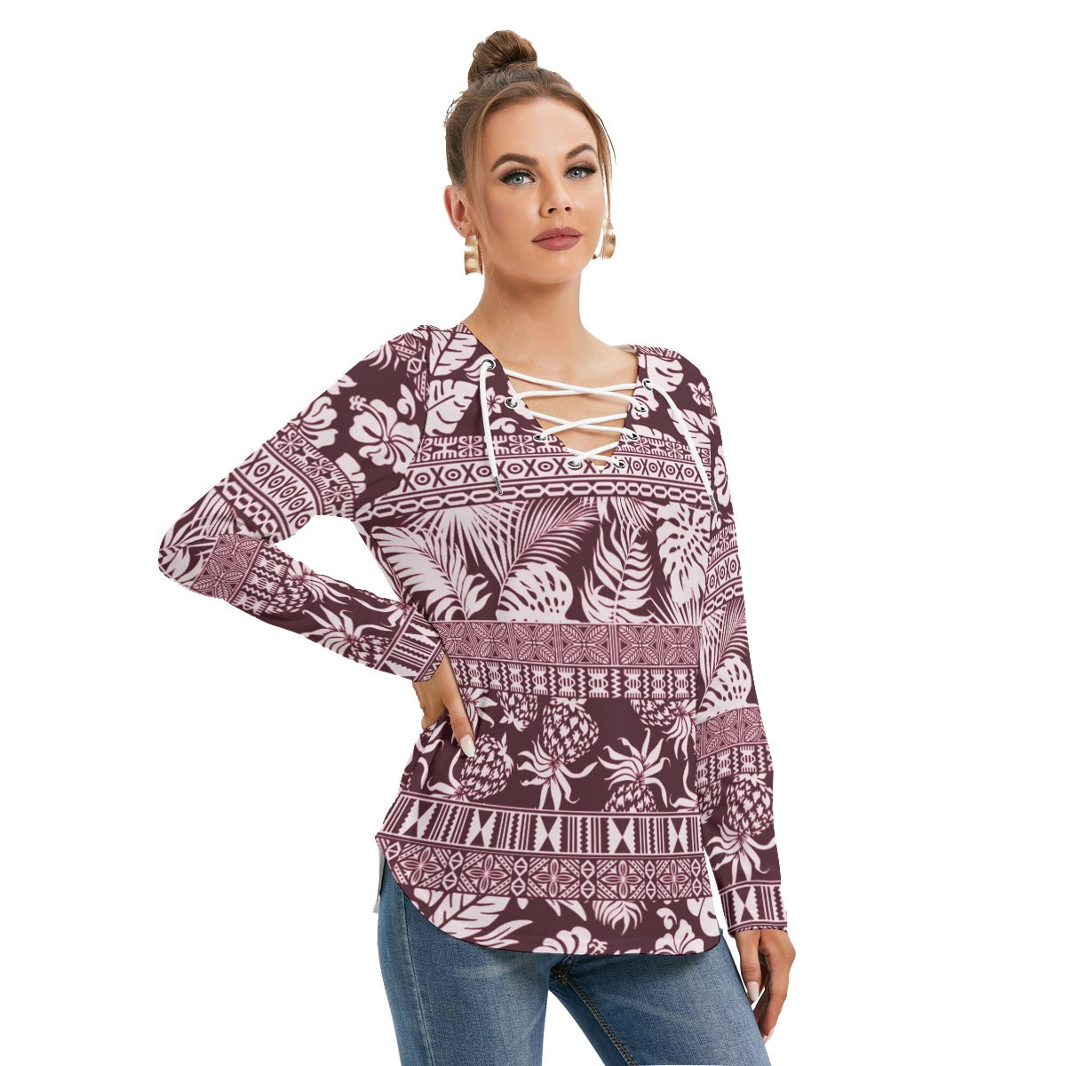 Hawaiian Style Women's Long Sleeve Neckline Tie Sweatshirt