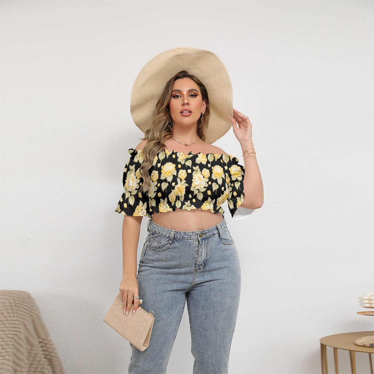 Yellow Flowers Women's Black Off-shoulder Cropped Top With Short Puff Sleeve