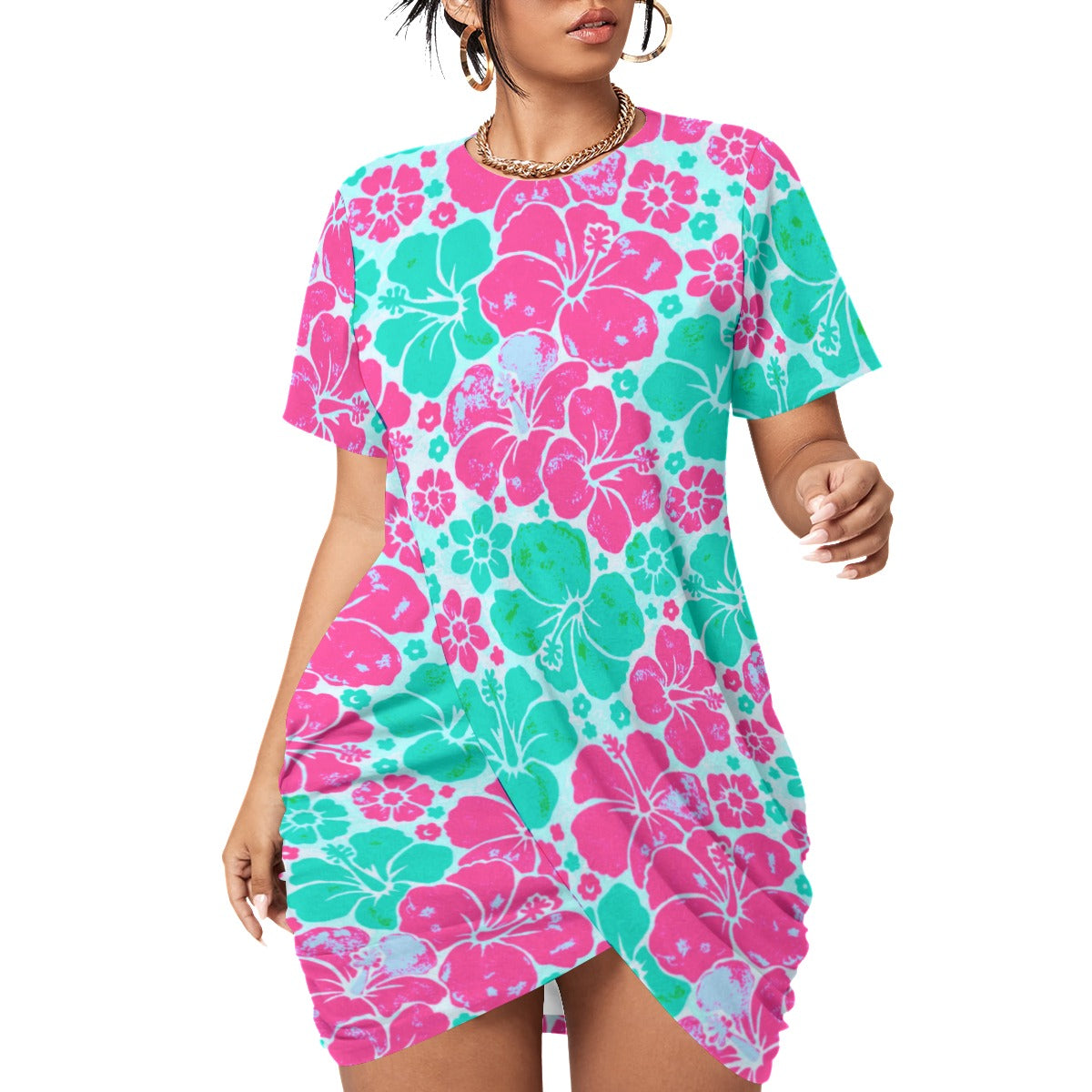 Women’s Beach Life Stacked Hem Dress With Short Sleeve（Plus Size）