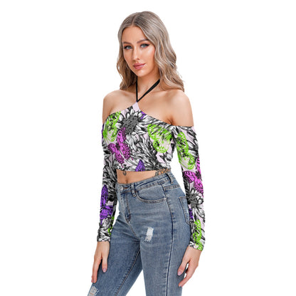 Blooming Roses & Colorful Butterflies Women's Halter Lace-up Top