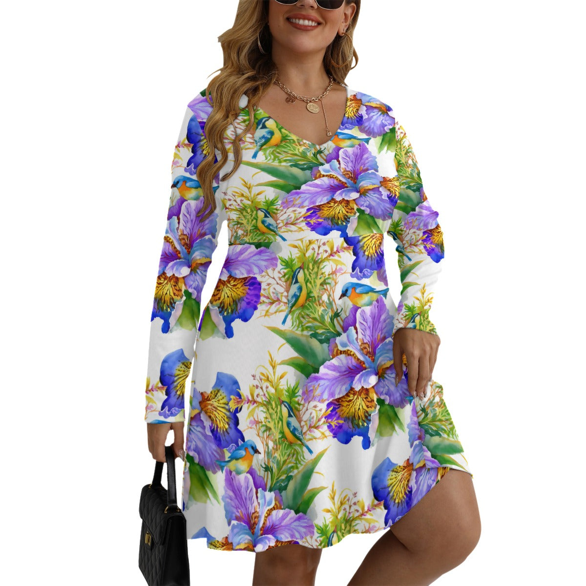 Watercolor Style Colorful Flowers & Birds Women's V-neck Long Sleeve Dress (Plus Size)