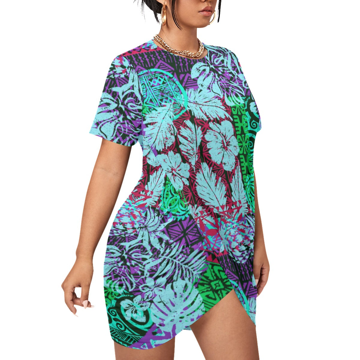 Hawaiian Style Women’s Stacked Hem Dress With Short Sleeve（Plus Size）