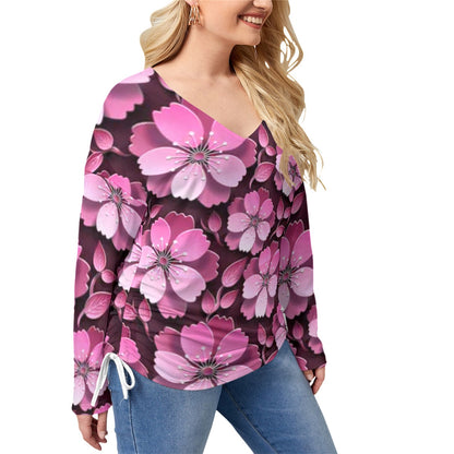 Black With Pink Cherry Blossoms Women’s V-neck T-shirt With Side Drawstring(Plus Size)