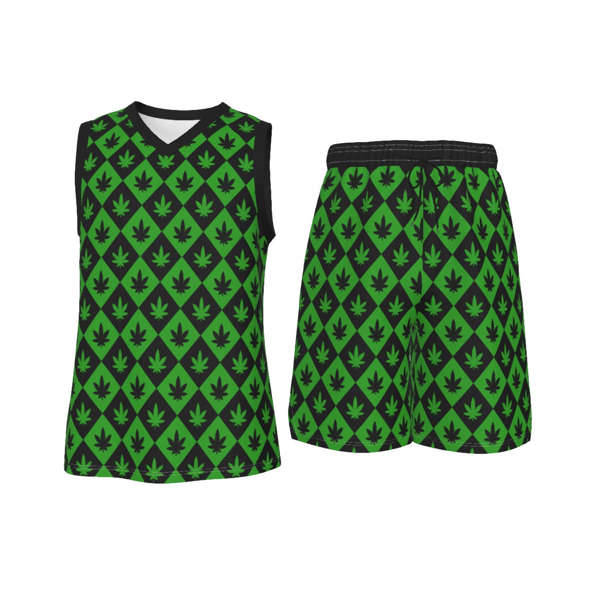 Black & Green Stoners Only Weed Leaf Checker Board Men's V Neck Basketball Suit