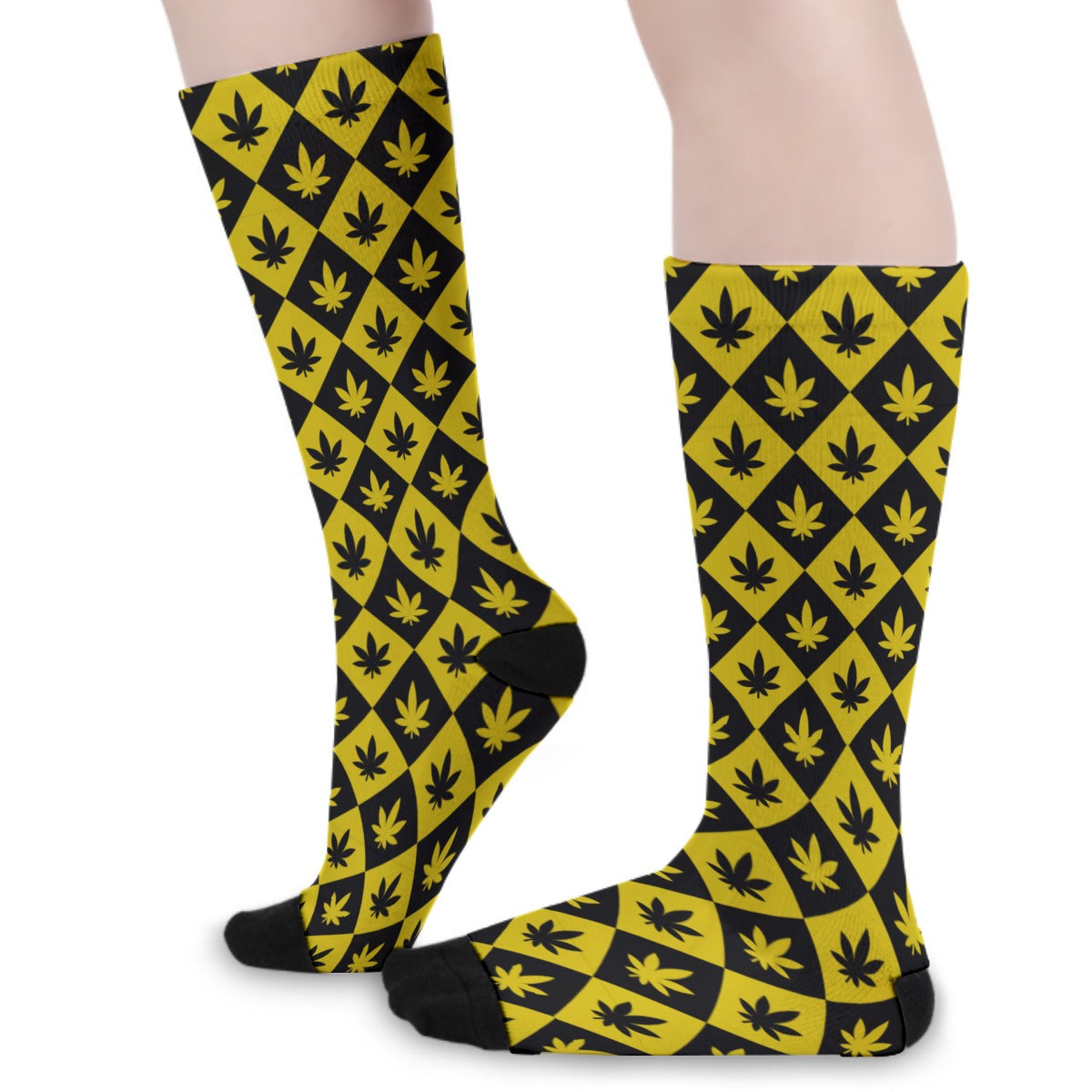 Black & Yellow Stoners Only Weed Leaf Checker Board Long Socks