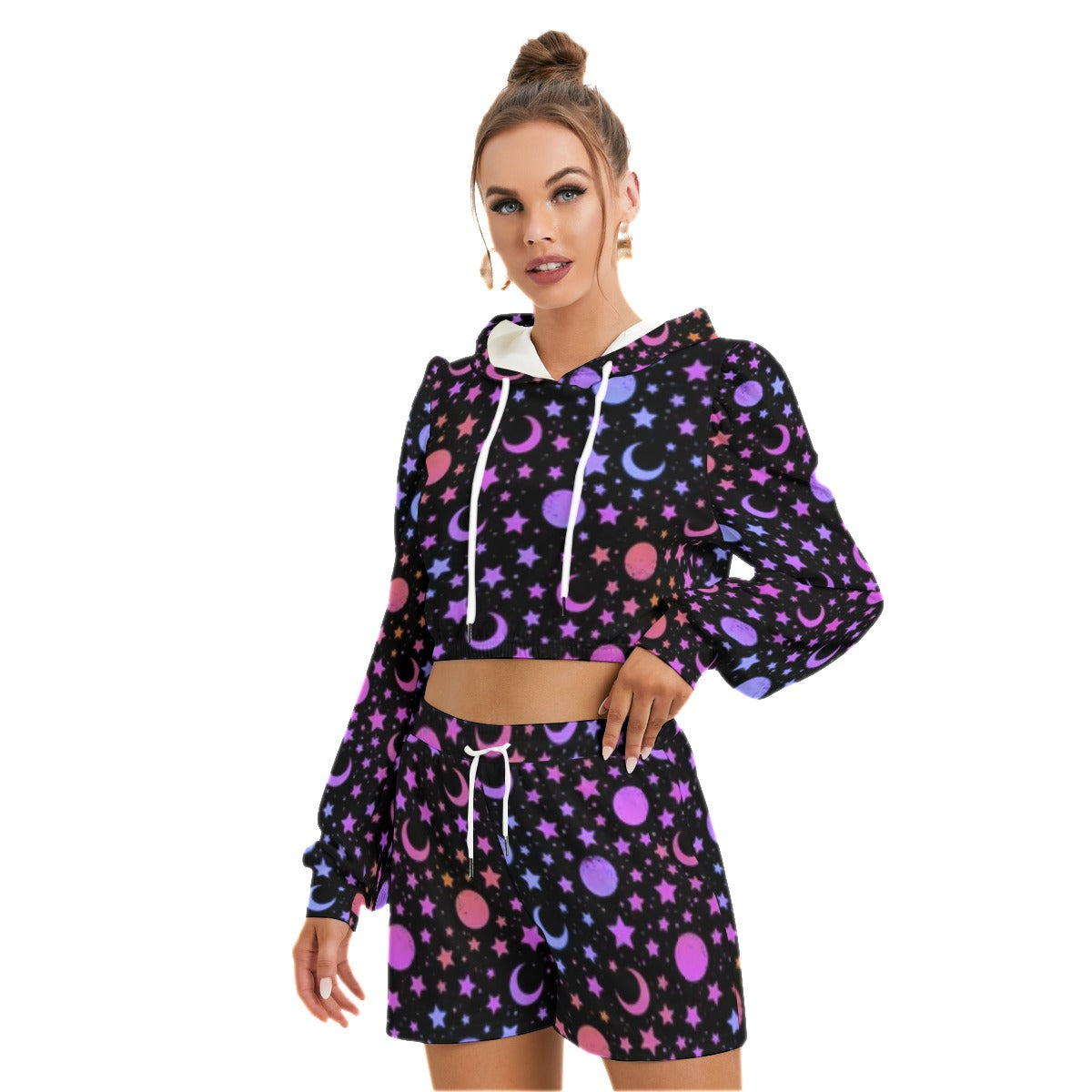 Mystical Pattern With Moon & Stars Women's Mirco Fleece Hoodie And Shorts Set