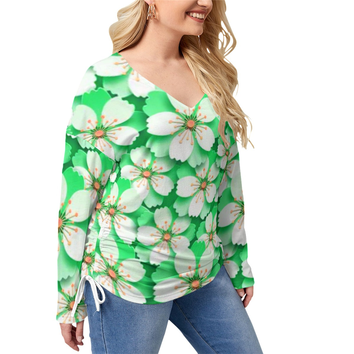 Teal With White Cherry Blossoms Women’s V-neck T-shirt With Side Drawstring(Plus Size)