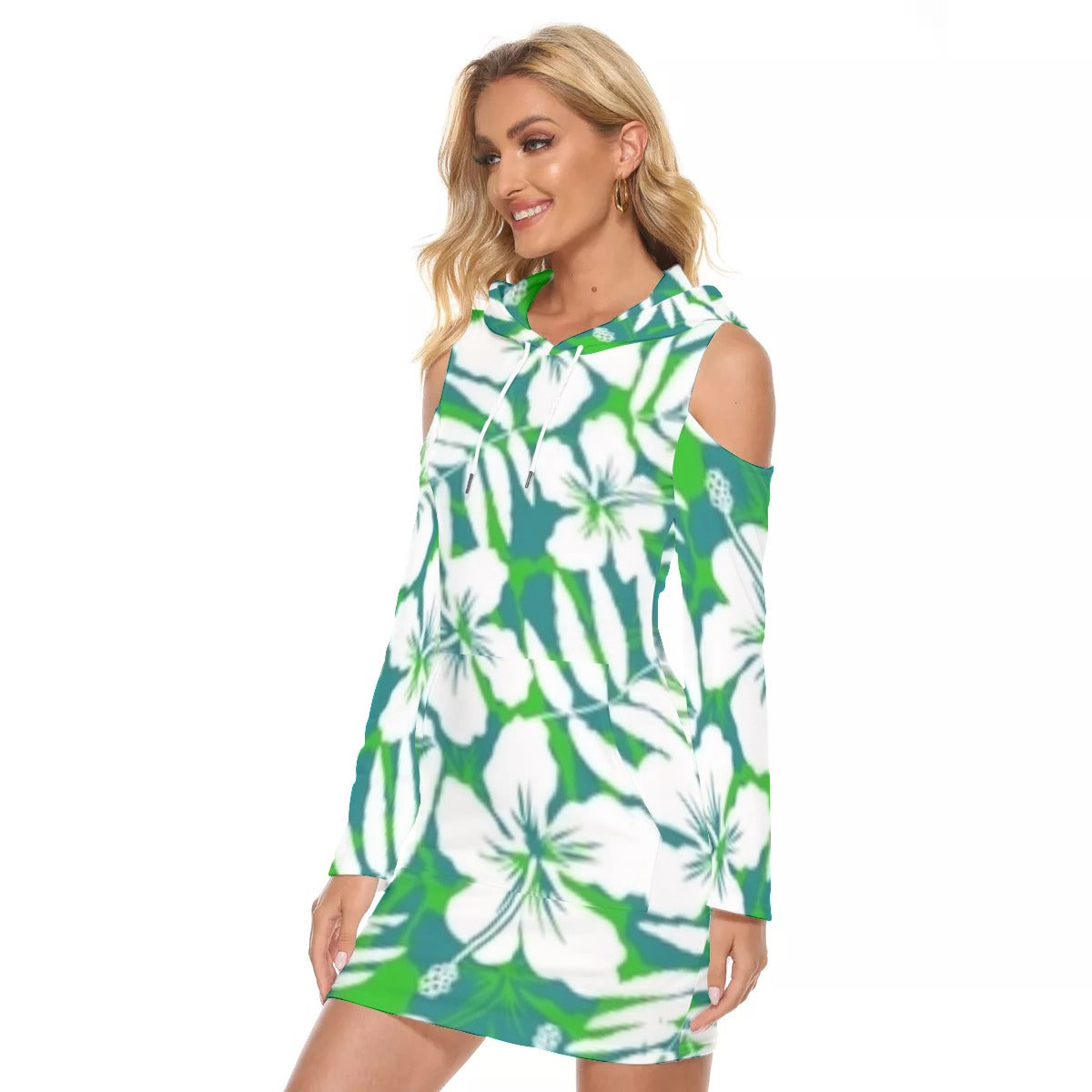 Green & White Tropical Flowers Hooded Tight Dress