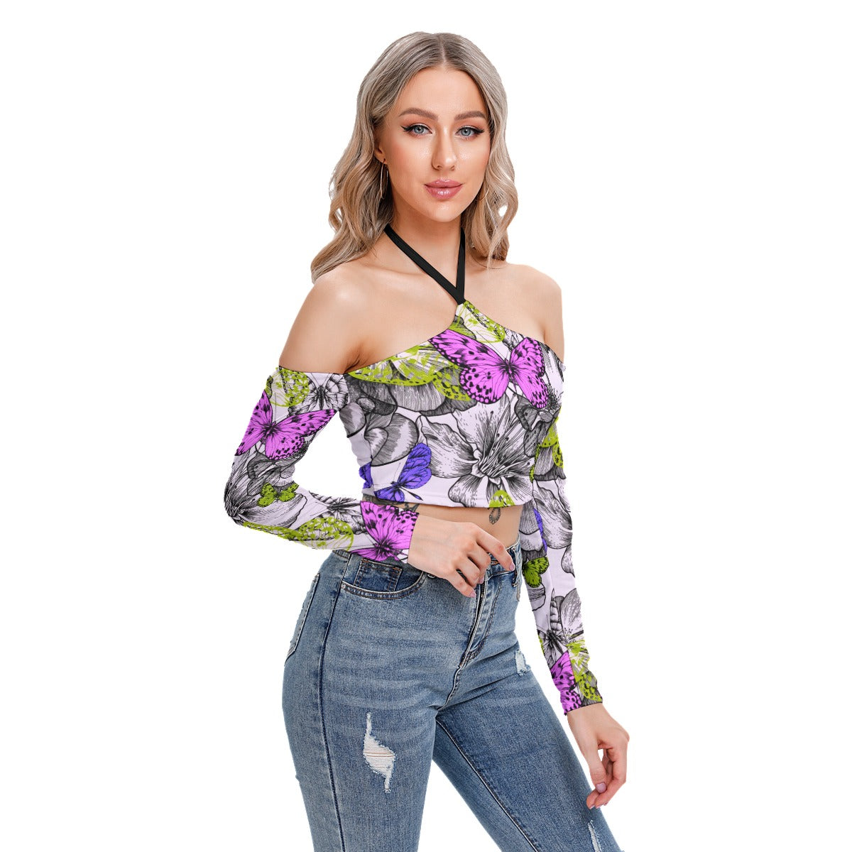 Blooming Roses & Colorful Butterflies Women's Halter Lace-up Top