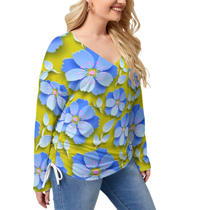 Yellow With Blue Cherry Blossoms Women’s V-neck T-shirt With Side Drawstring(Plus Size)