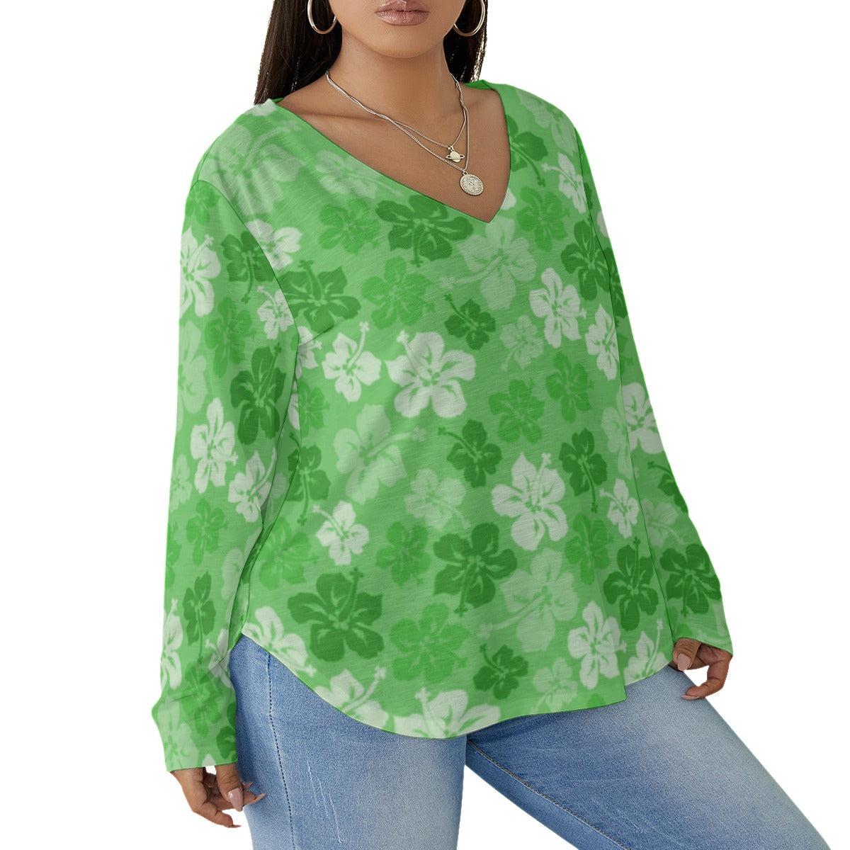 Women's Tropical Hawaiian Hibiscus Flowers V-neck T-shirt With Curved Hem(Plus Size)