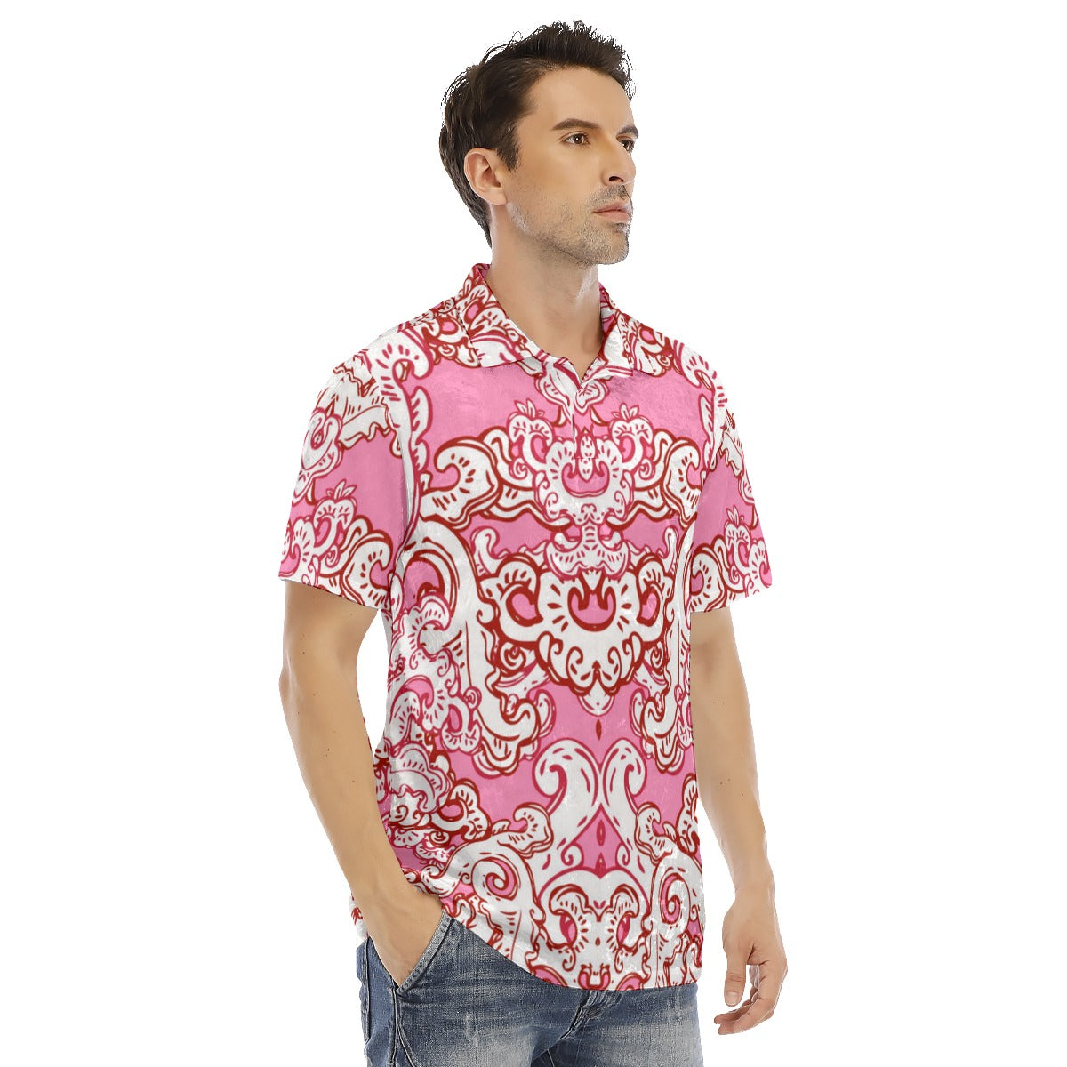 Pink & White Baroque Pattern Men's Polo Shirt | Velvet