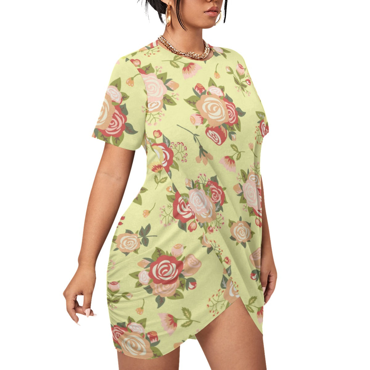 Cute Roses Women’s Stacked Hem Dress With Short Sleeve （Plus Size）