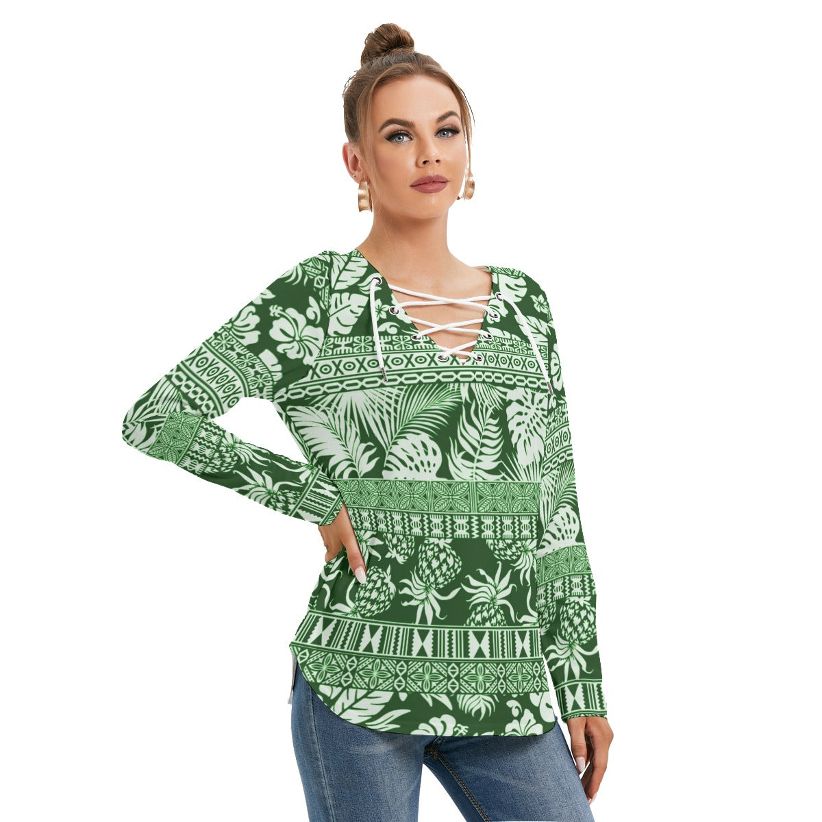 Hawaiian Style Women's Long Sleeve Neckline Tie Sweatshirt