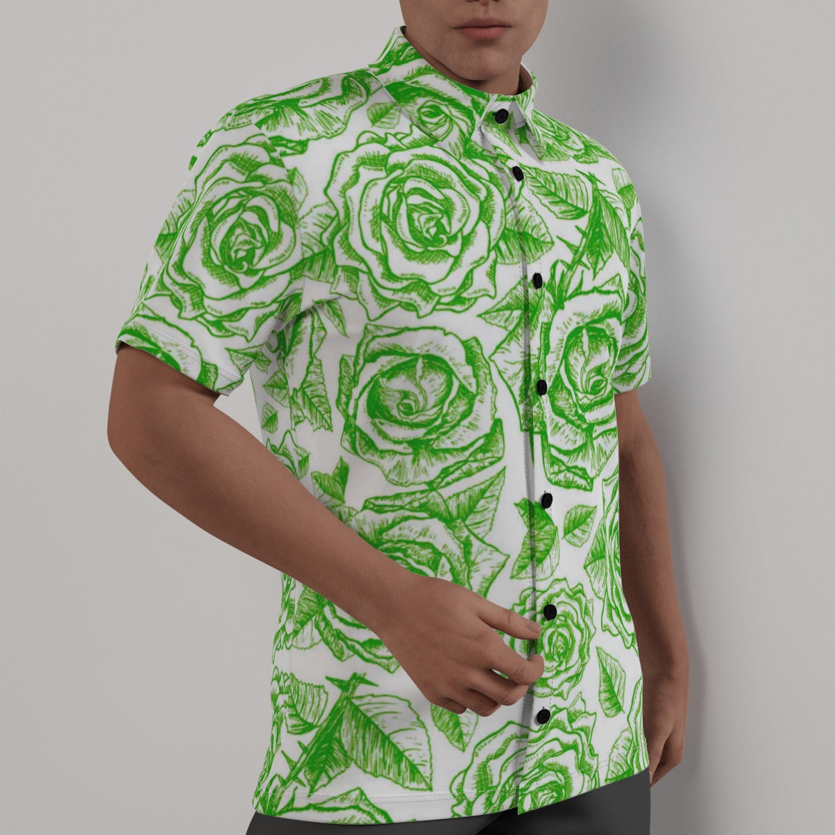 Green & White Roses Men's Button Up