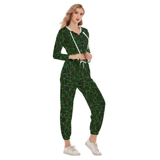 Green & Black Triangle Women's Crop Hoodie Sports Sets