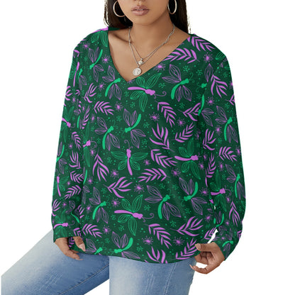 Colorful Dragonflies Leaves Women's V-neck T-shirt With Curved Hem(Plus Size)