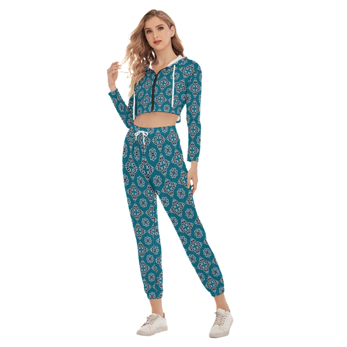 Blue Ethnic Tribal Women's Crop Hoodie Sports Sets