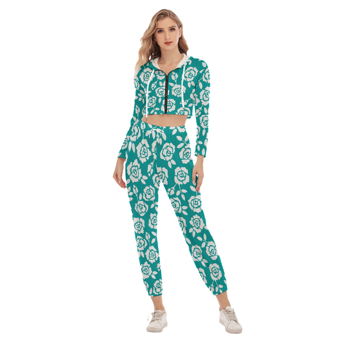 Teal With White Roses Women's Crop Hoodie Sports Sets