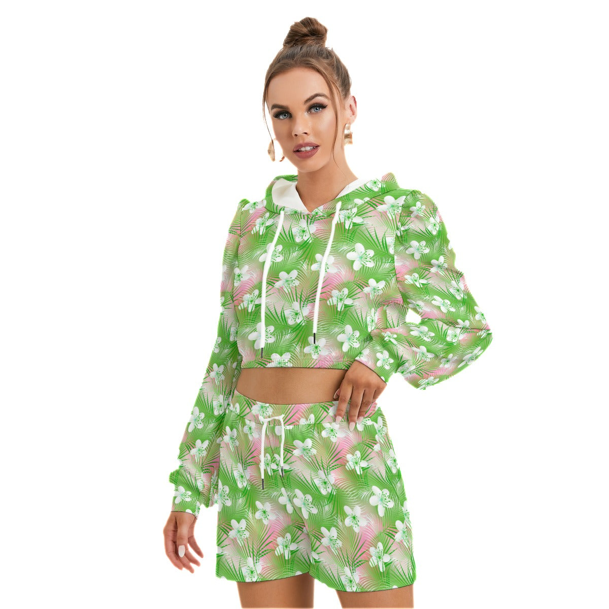 Tropical Frangipani Hibiscus With Palms Women's Mirco Fleece Hoodie And Shorts Set