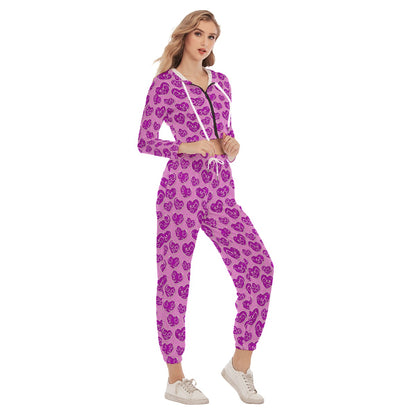 Cute Purple Hearts Women's Crop Hoodie Sports Sets