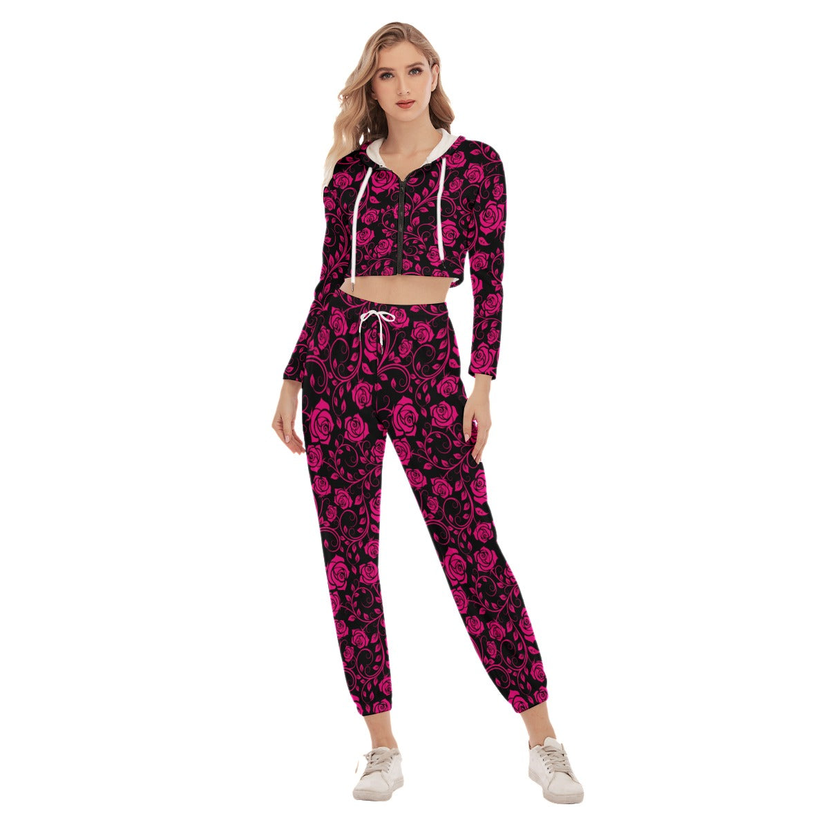 Black & Pink Roses Women's Crop Hoodie Sports Sets