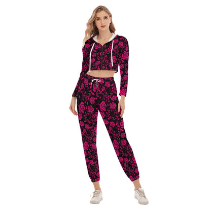 Black & Pink Roses Women's Crop Hoodie Sports Sets