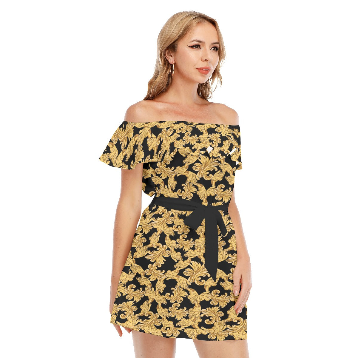 Golden Flowers Black Off-shoulder Dress With Ruffle