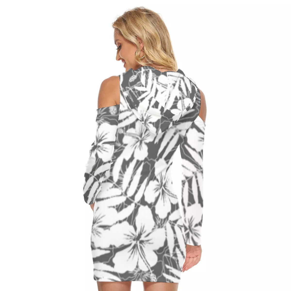 Black & Gray Tropical Flowers Hooded Tight Dress