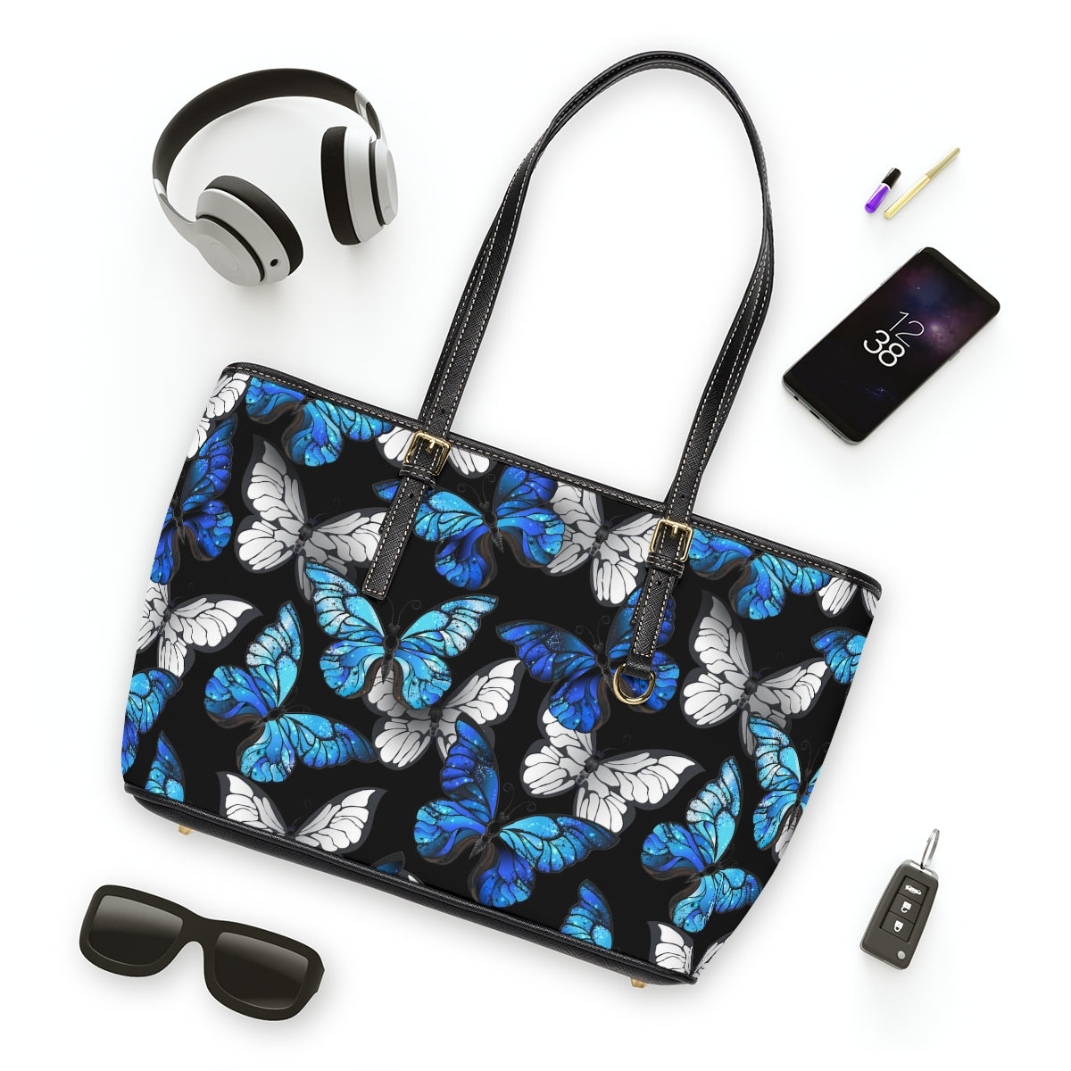 Blue With White Butterflies PU Leather Shoulder Bag