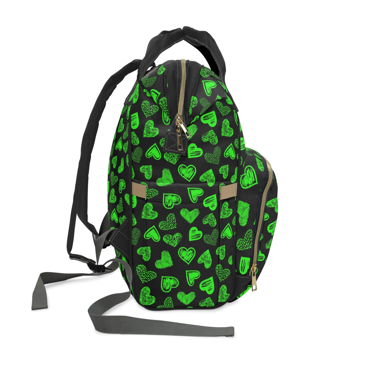 Black With Green Doodle Hearts Multifunctional Backpack