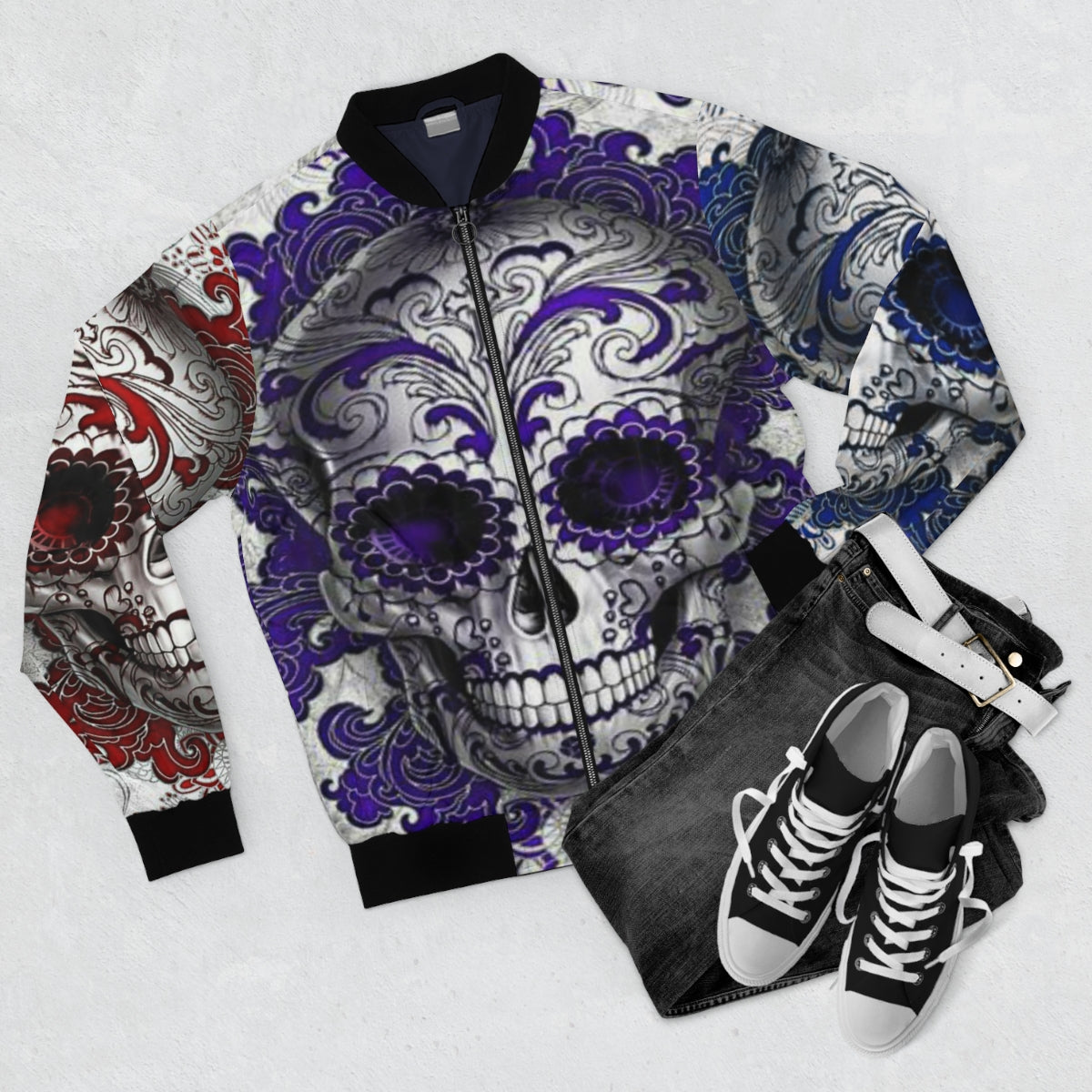 Purple, Red, & Blue Sugar Skull Bomber Jacket