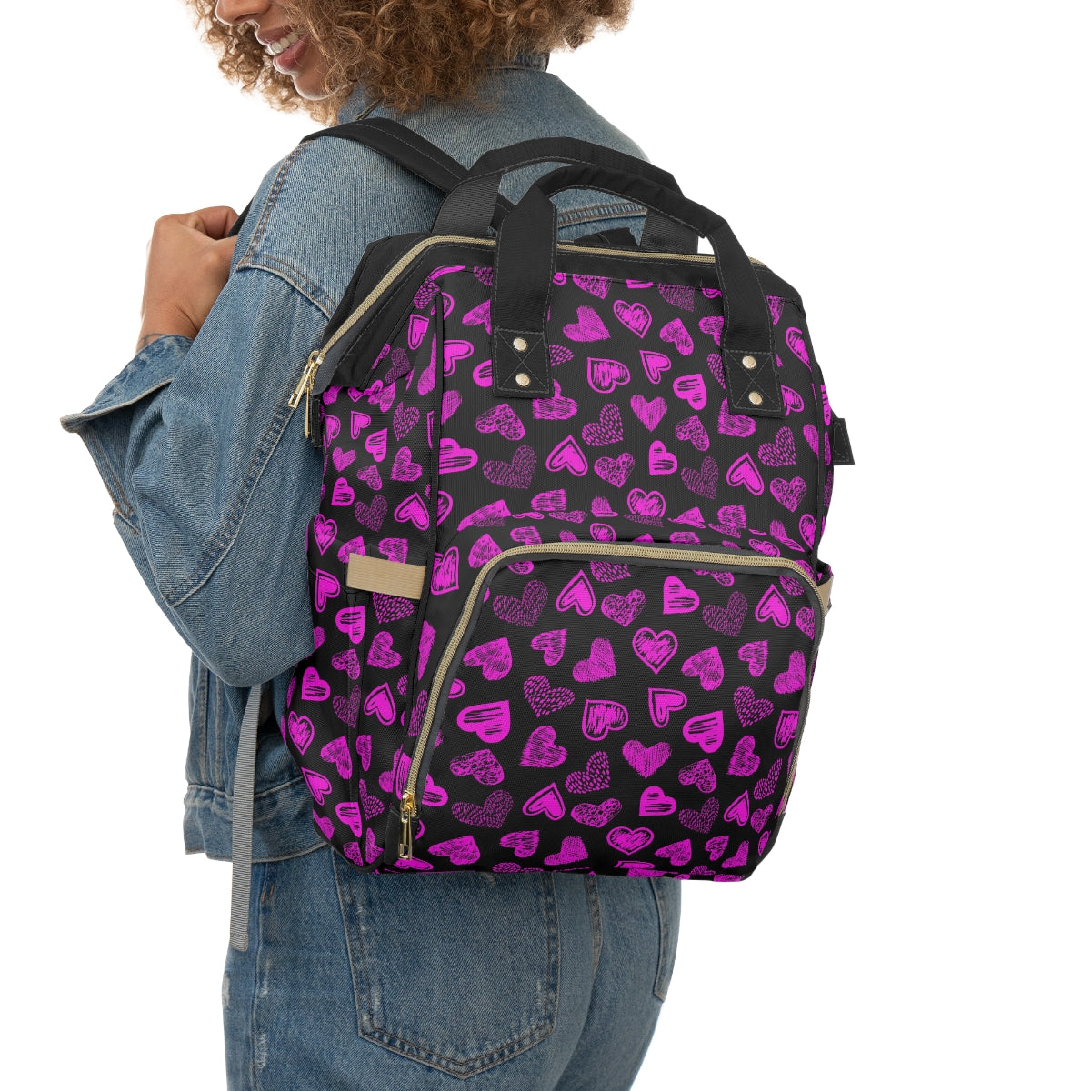 Black With Purple Doodle Hearts Multifunctional Backpack