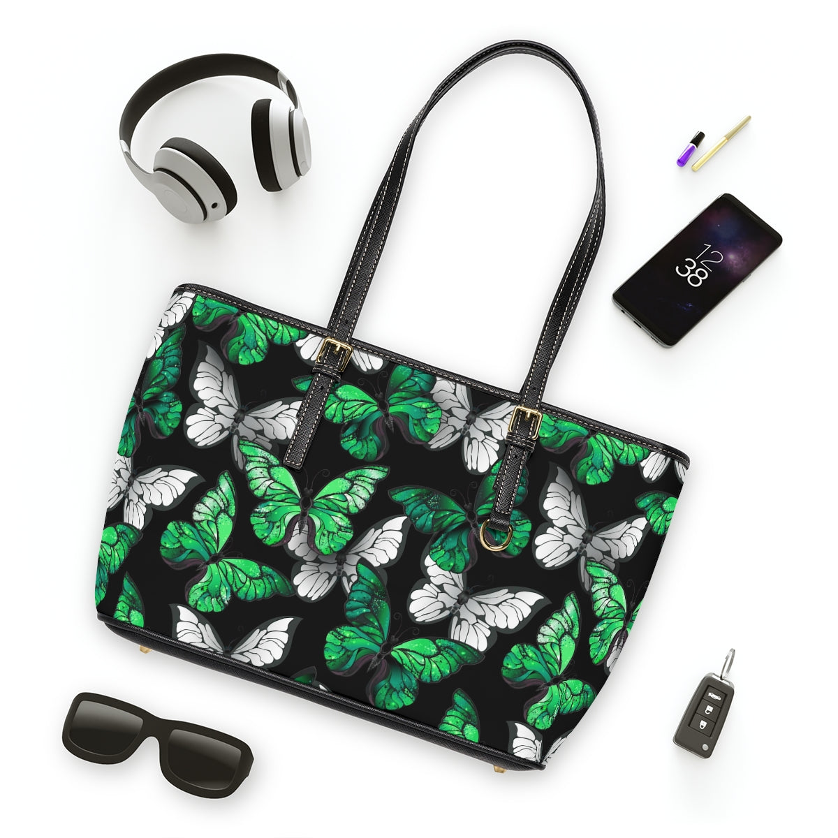 Green With White Butterflies PU Leather Shoulder Bag