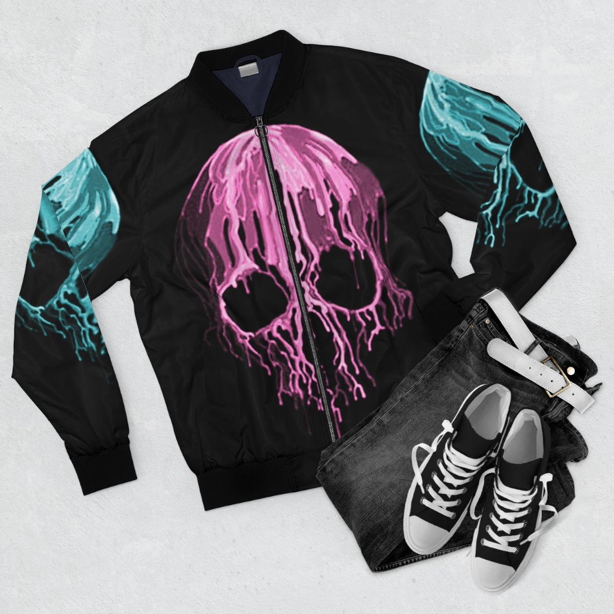 Pink & Teal Drippy Skull Bomber Jacket