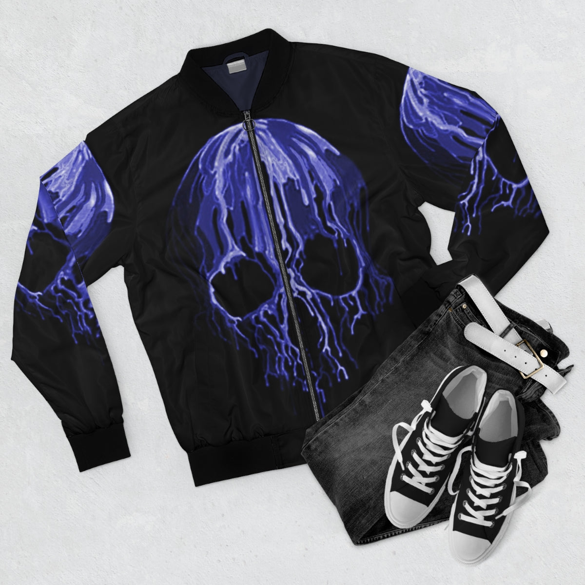 Blue Drippy Skull Bomber Jacket