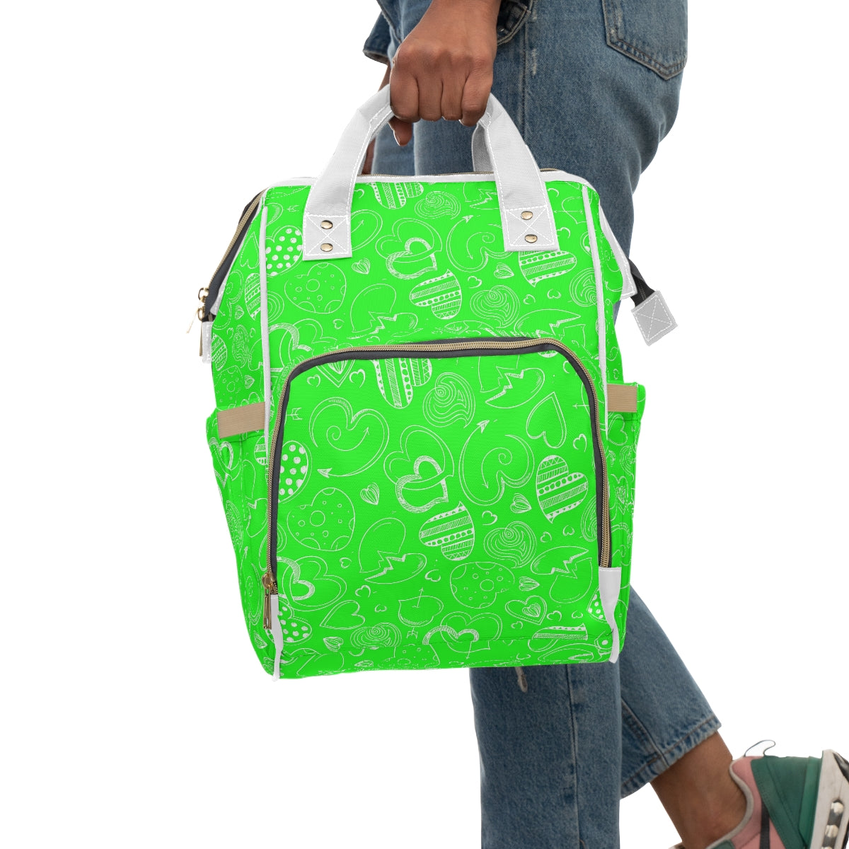 Green With White Doodle Hearts Multifunctional Backpack