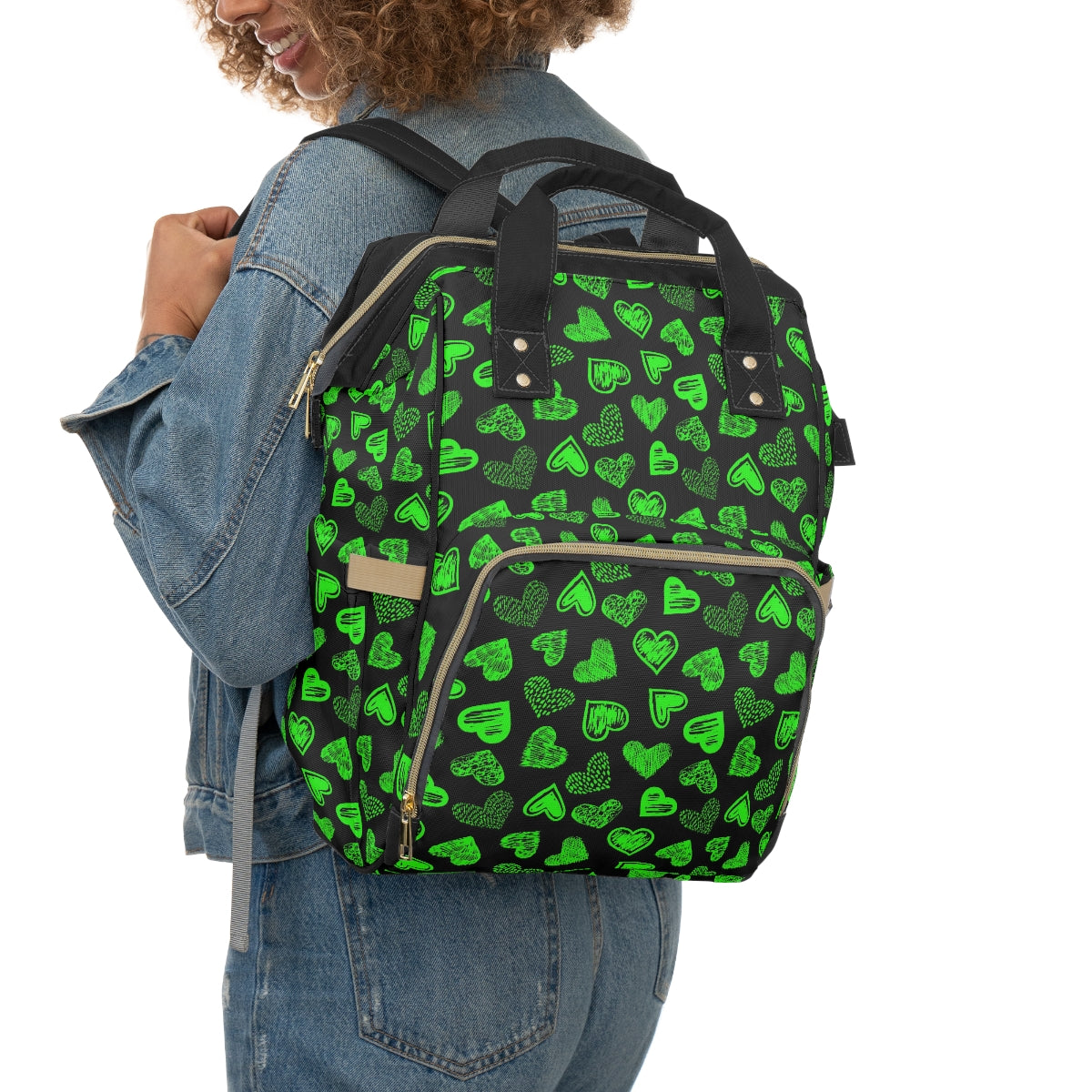 Black With Green Doodle Hearts Multifunctional Backpack