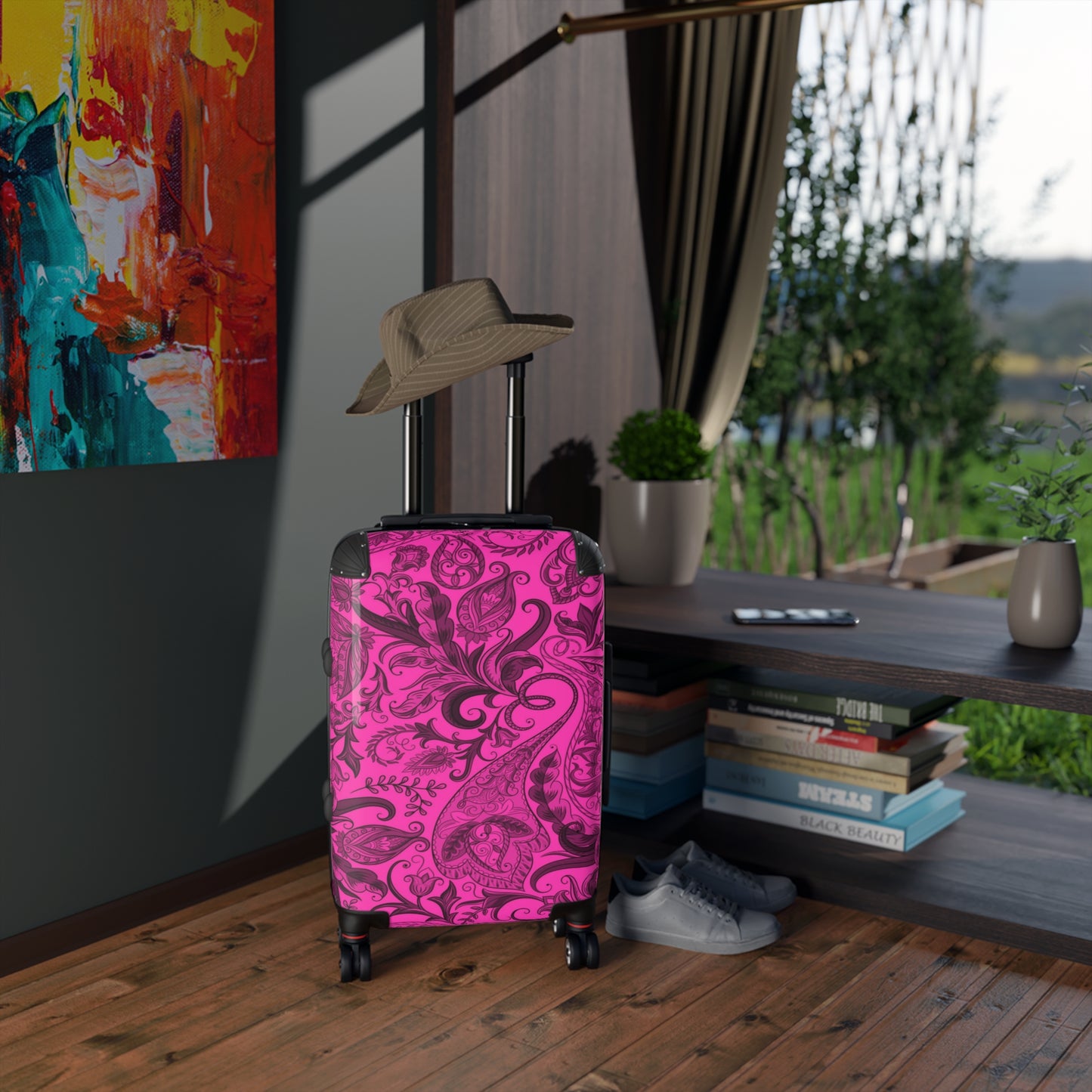 Cute Flower Pink & Black Cabin Suitcase