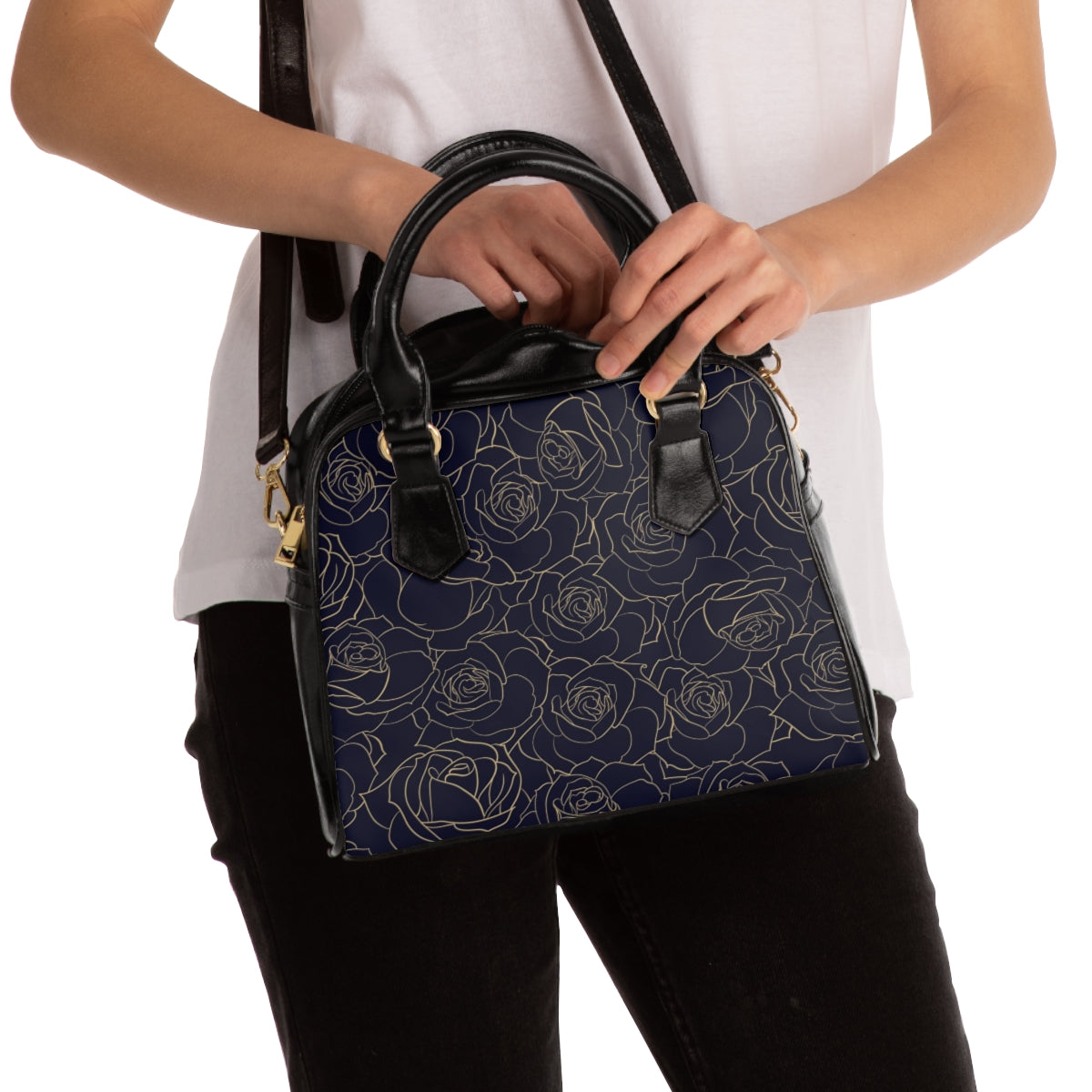 Black & Gold Roses Shoulder Handbag